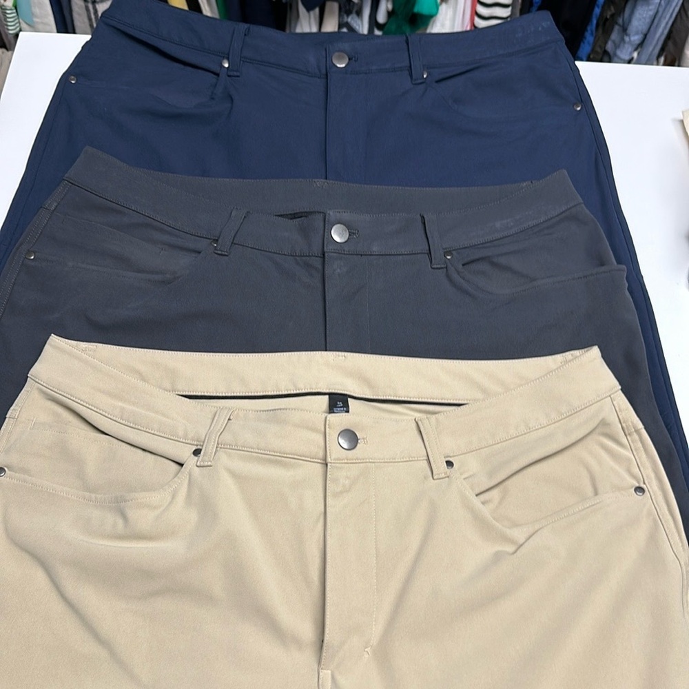 Lululemon men’s ABCpants in khaki, navy, and gray. 36 waist, 30 inseam. $30/$80